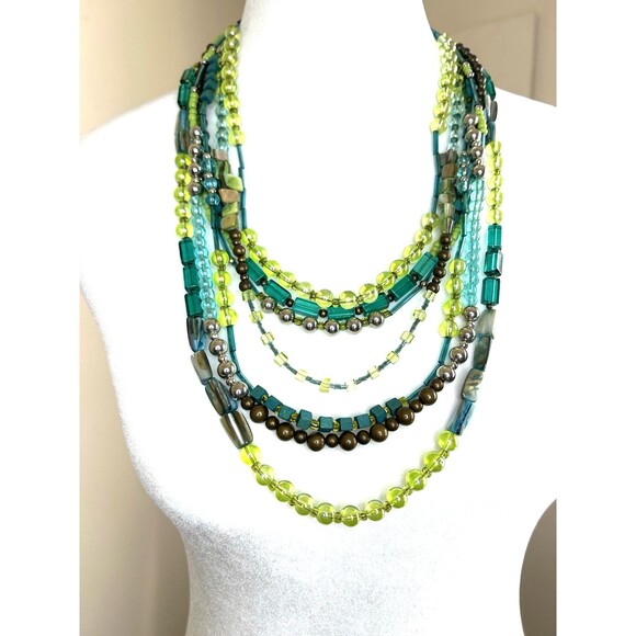 20-24" Chico's Beaded  Boho Necklace Multi-Strand Green & Turquoise mixed - Picture 3 of 3